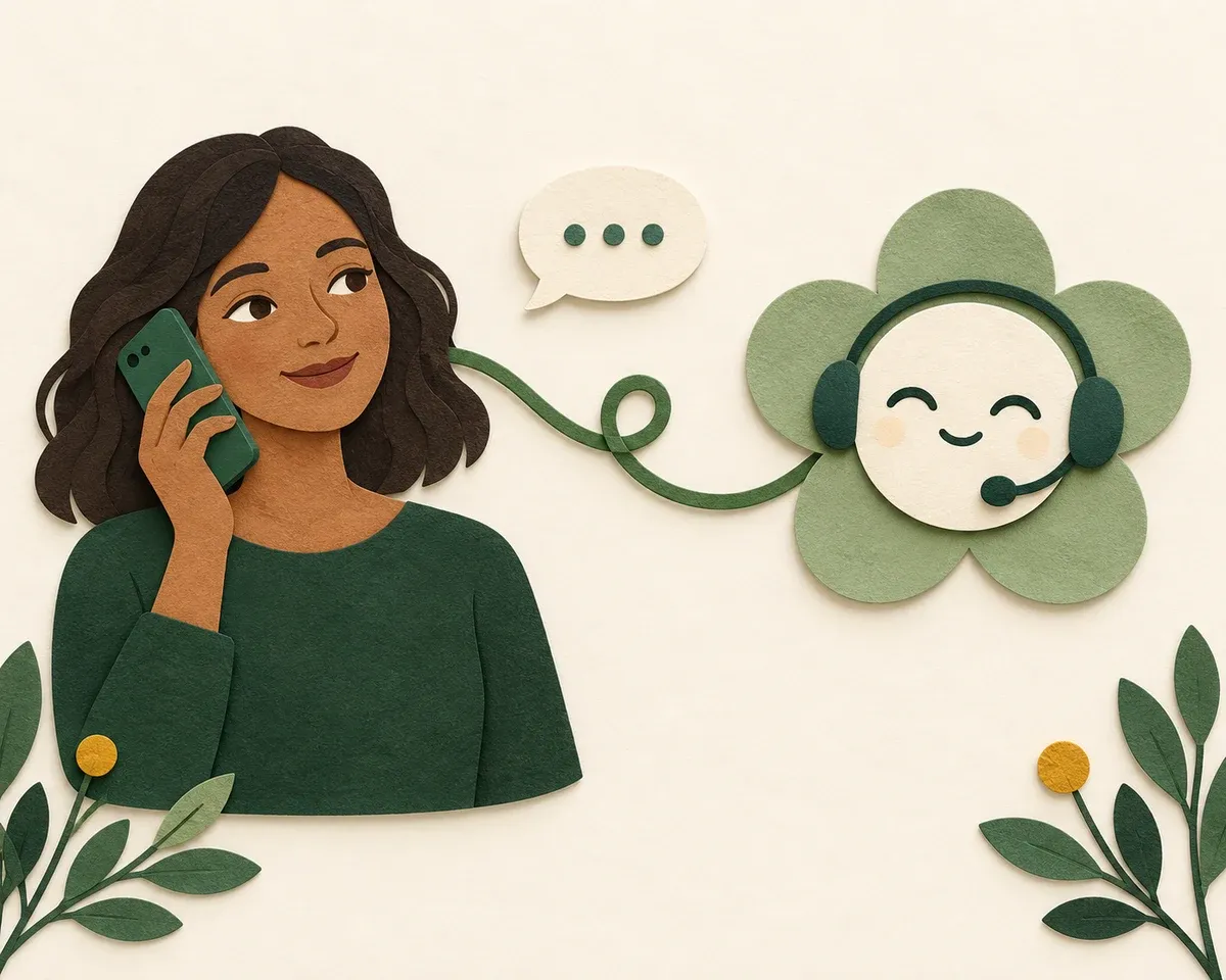 A caller speaking on her phone connects with the friendly Ahoyhoy headset mascot through a simple green ribbon.