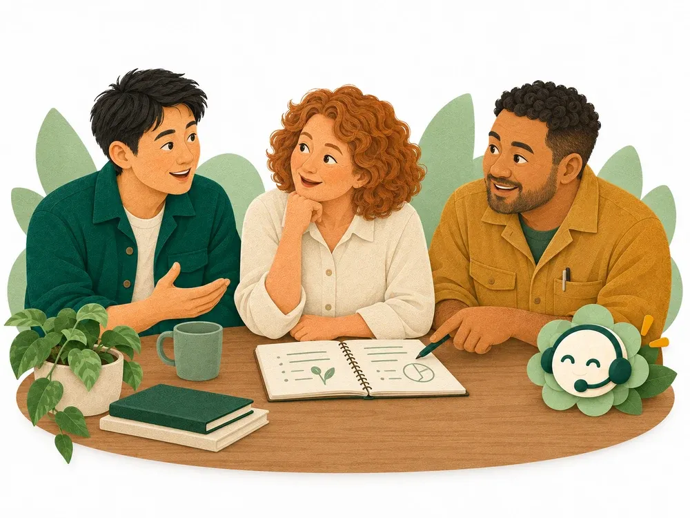 Three colleagues working together around a shared table with Ahoyhoy.