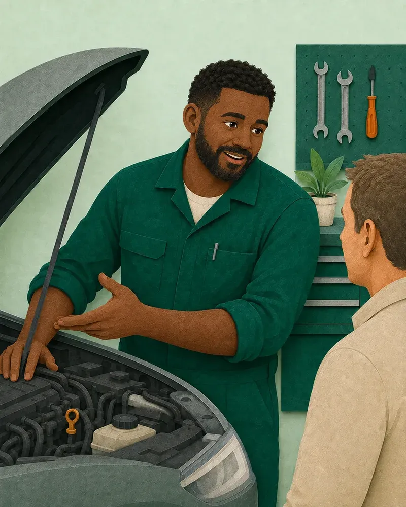An automotive service professional discusses a vehicle problem with a driver.