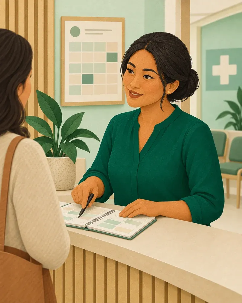 A clinic practice manager helps a patient arrange an appointment at reception.