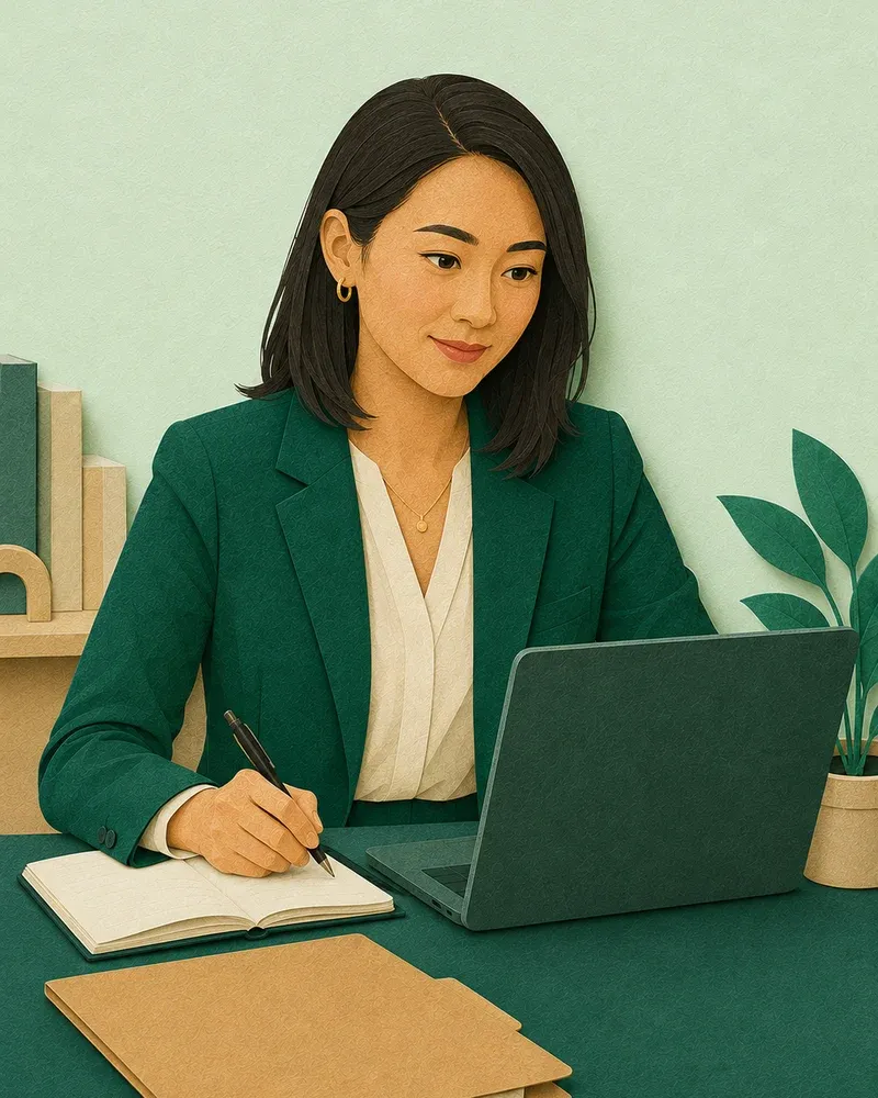 A young lawyer works through client details at her desk.