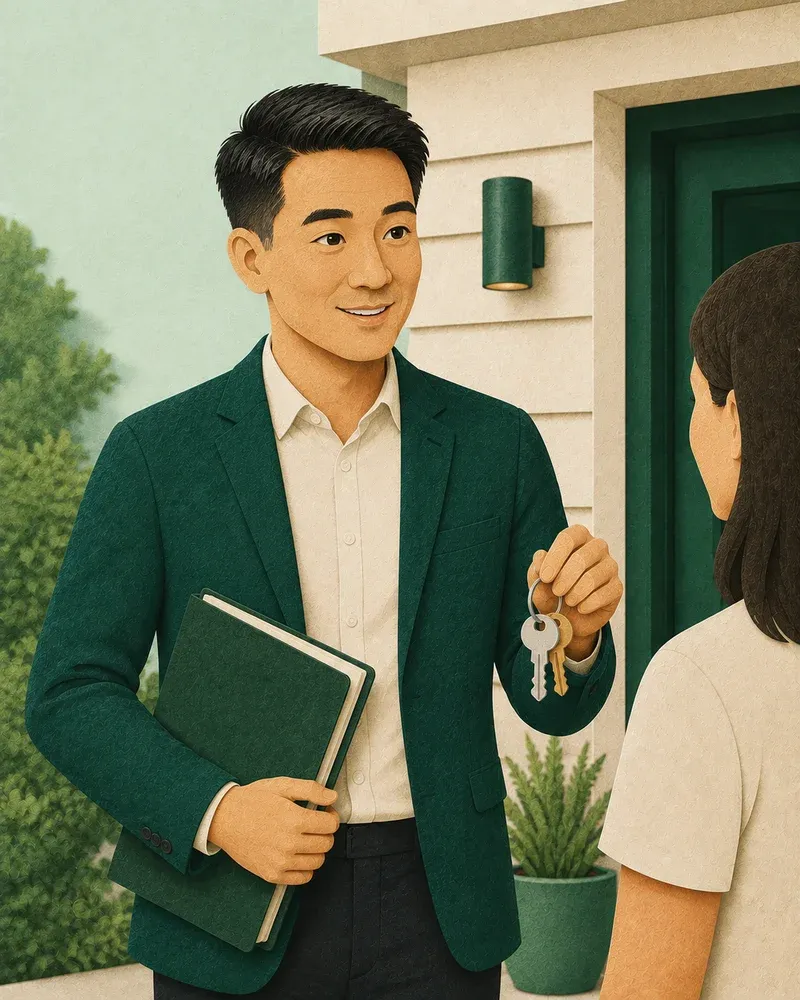 A property professional helps a customer at the entrance to a home.