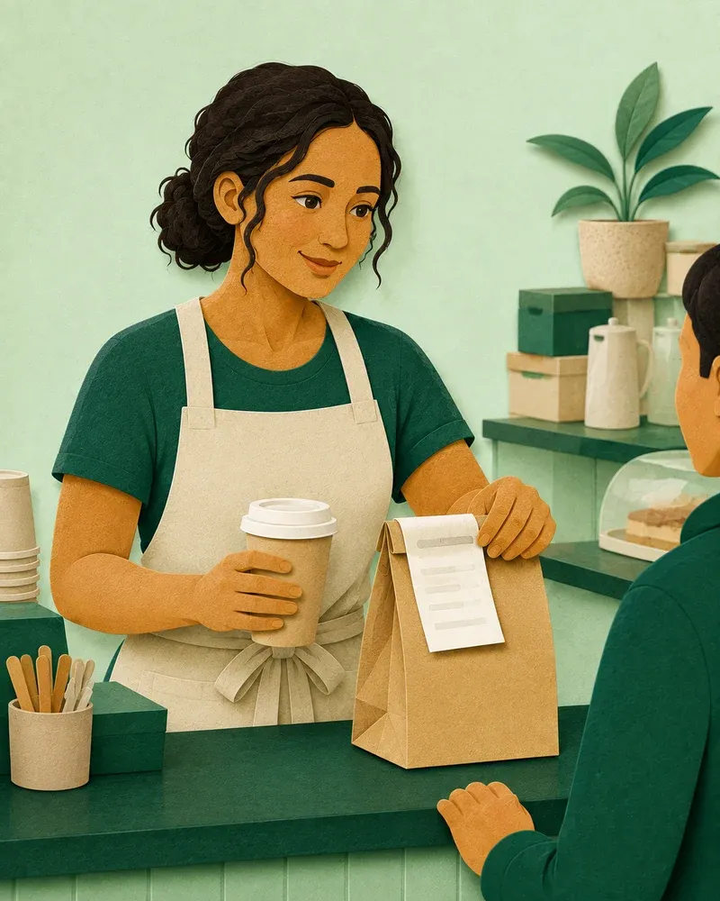 A cafe owner prepares a takeaway order for a customer at the counter.