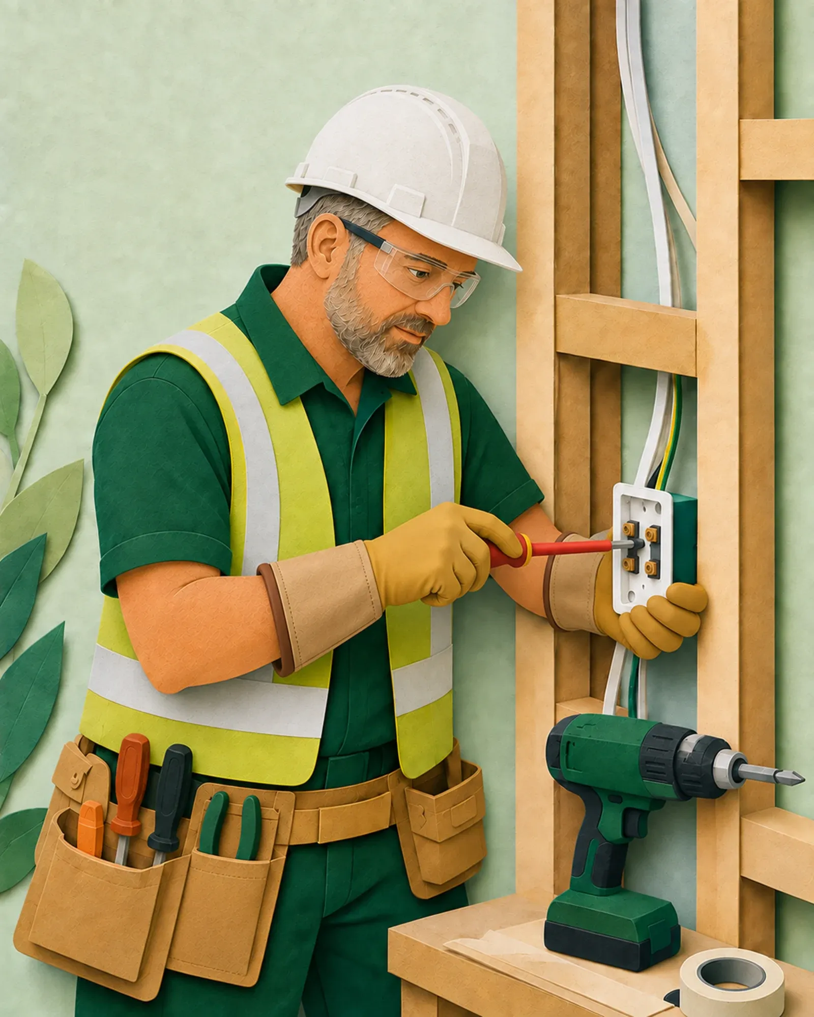 An electrician in protective equipment focuses on a residential fitting.