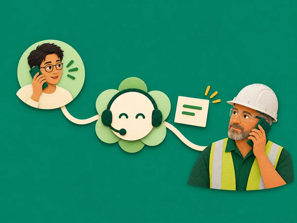 A younger customer with dark hair and glasses calls Ahoyhoy, who briefs the older electrician in his white hard hat before handing over.